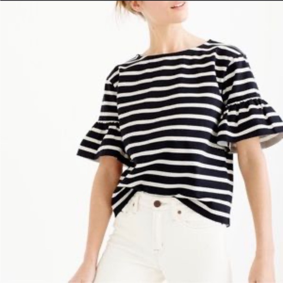 New! J. Crew Striped Ruffle Bell Sleeve Top 0 - Picture 1 of 2